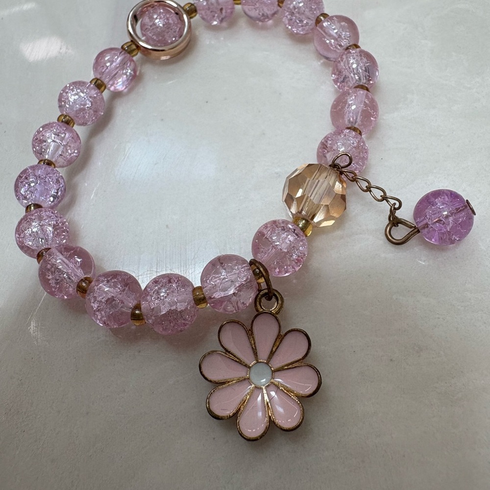 Pink and Gold Beaded Flower Charm Bracelet